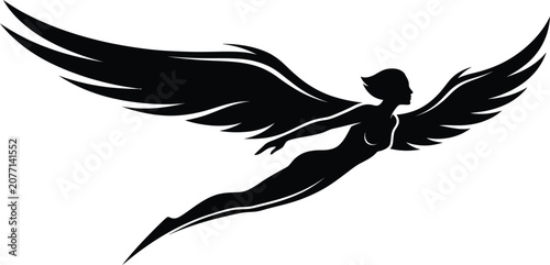 Schilderij op canvas Flying angel silhouette vector graphic isolated on white background stylized win