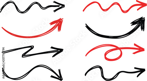 Obraz na płótnie Hand drawn squiggly red and black arrow pointers