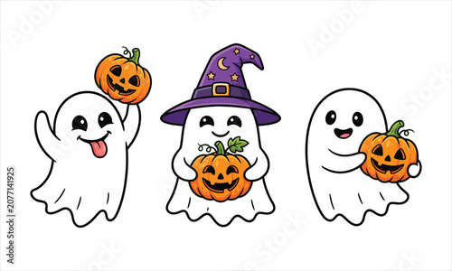 Happy halloween cute ghost and pumpkin characters illustration for festive designs