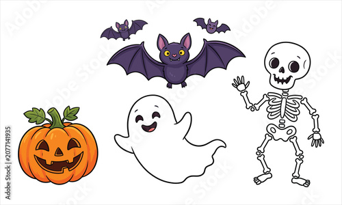 Happy halloween silhouette and cartoon characters bats ghost pumpkin skeleton