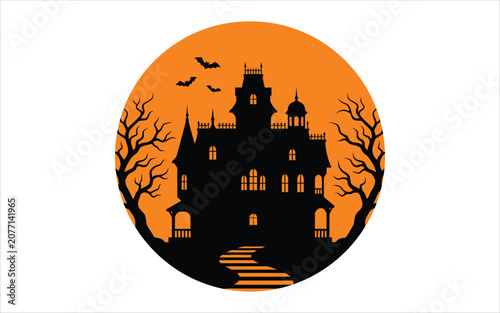 Happy halloween silhouette of a haunted house with bats and trees