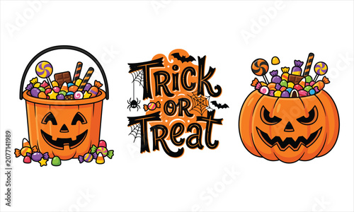 Happy halloween silhouette trick or treat pumpkin candy bucket