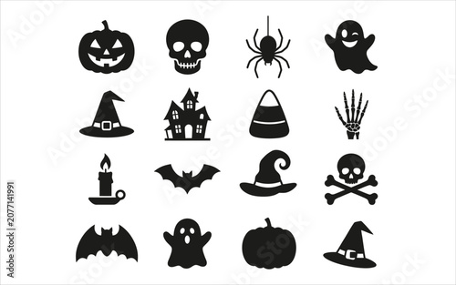 Happy halloween black silhouette icons set pumpkins ghosts skulls spooky elements