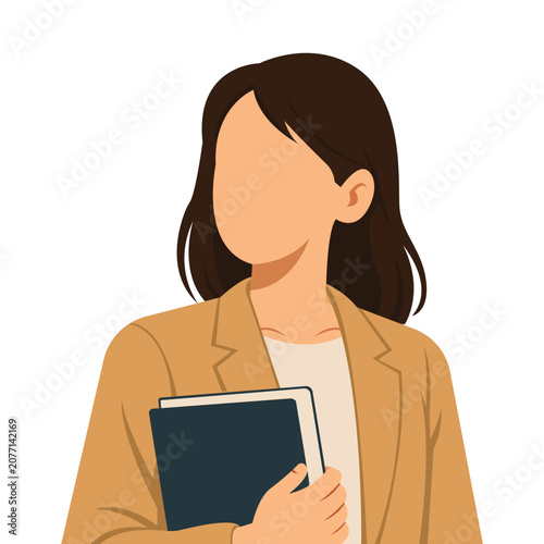 Female School Teacher Faceless Avatar Vector, Professional Woman in Beige Blazer Holding Book