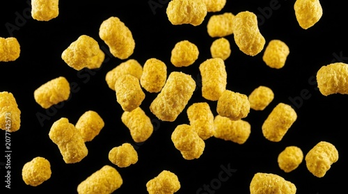 Floating yellow corn puffs on black background