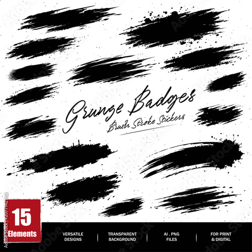 Grunge Brush Stroke Labels Set, Hand Drawn Paint Swashes & Sticker Shapes