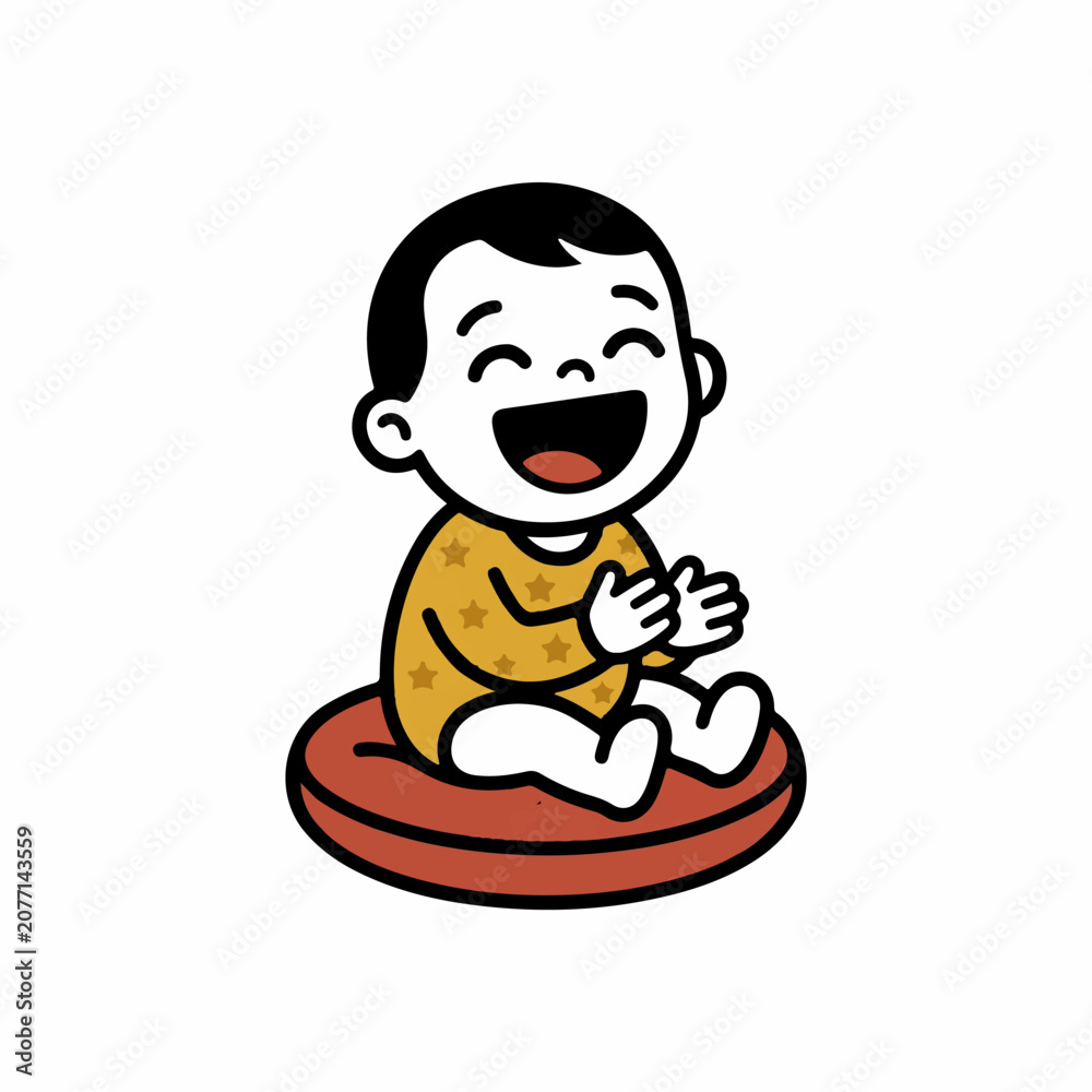 Obraz premium A joyful little infant with dark hair wearing a yellow star pattern shirt sits happily upon a soft round cushion while clapping hands together during a bright and cheerful early morning playtime