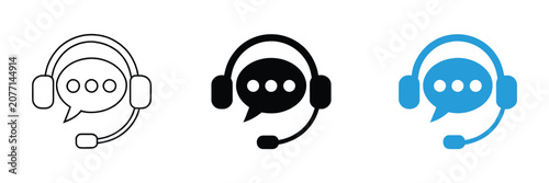 Customer service icon set. contact support agent, headset, speech bubble, and call center symbols for communication and help desk applications.
