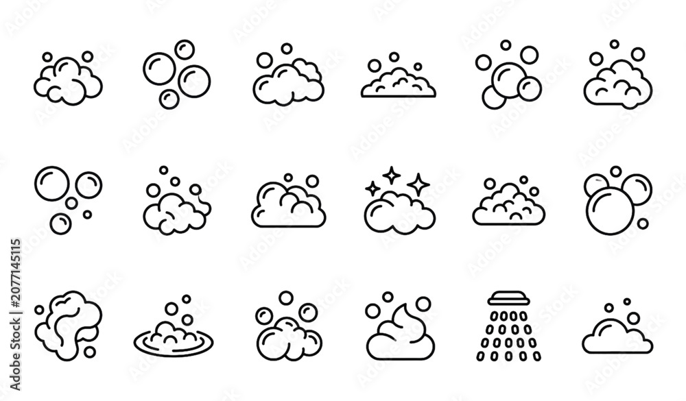 Obraz premium Foam Linear Icon Set Vector Collection with Soap Bubbles Cleaning Lather and Minimal Outline Symbols