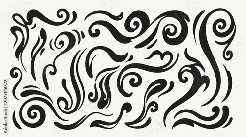 Black swirling patterns on white background.