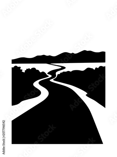 Minimalist Black and White Winding Path and Mountain Landscape Illustration