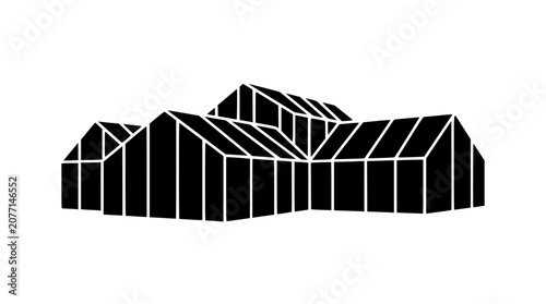 Modern Gabled Greenhouse Building Graphic Illustration in Black and White