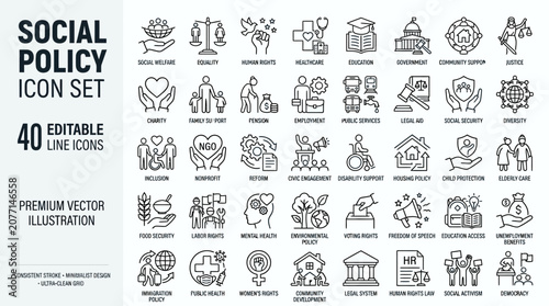 A collection of social policy icons depicting people, community, government, education, and charity in a simple line style.