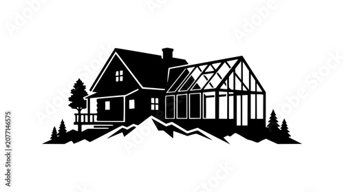 mountain cabin with greenhouse and pine trees silhouette vector