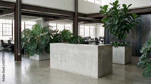 Minimalist Concrete Reception Desk Centered In An Industrial Lobby Embellished With Large Potted Green Plants