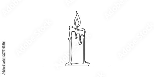 Photography A single continuous line drawing of a burning candle with a flickering flame and