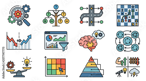 Professional Illustrated Guide to AI Decision Making Analytics and Strategic Planning Concepts with Colorful Icons