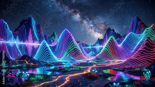 Futuristic Digital Landscape Background Featuring Large Mountains Shaped Like Giant Neon Audio Frequency Sound Waves