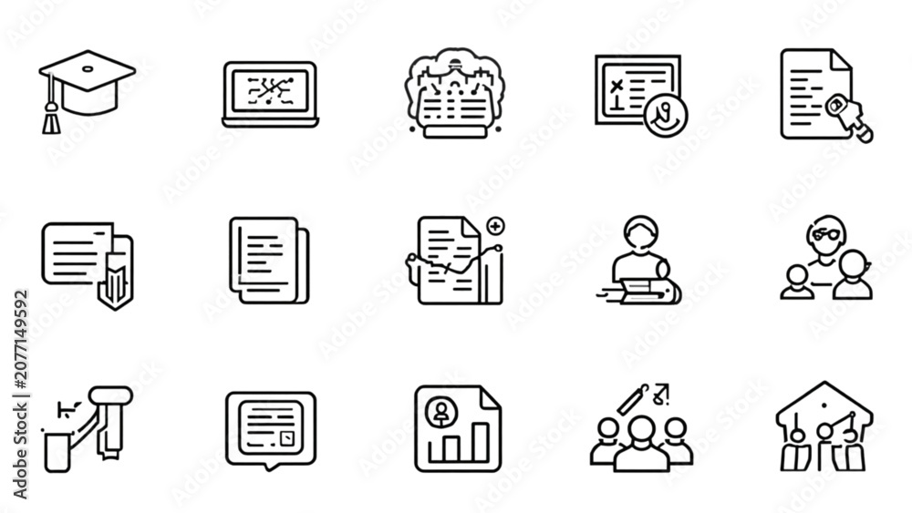 Fototapeta premium Academic graduation and business training linear icons bundle including university degree certificate online course students classroom and document vector