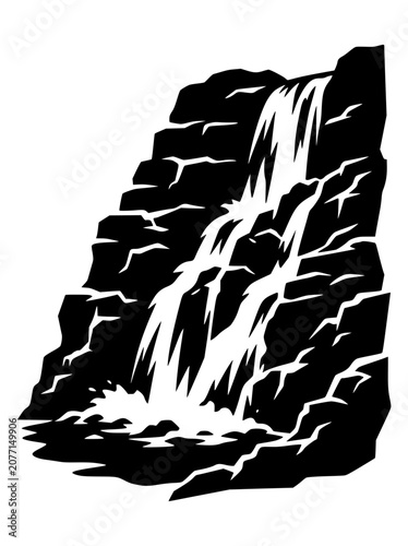 Minimalist black and white vector illustration of a cascading waterfall over rocks