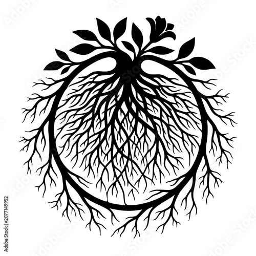 Tree of Life Circle Silhouette with Intricate Roots and Leaves