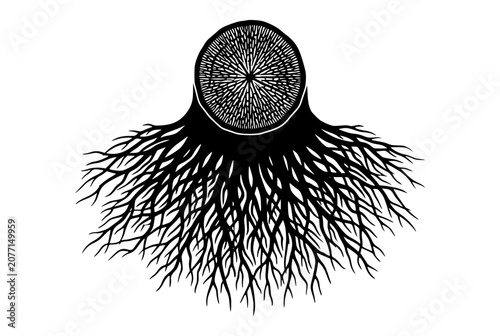 Tree Trunk Cross Section and Extensive Root System Graphic Illustration