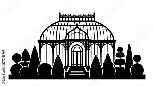 Victorian Conservatory Greenhouse Silhouette with Topiary Garden