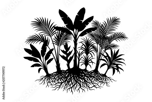 Tropical Plants Silhouette with Exposed Roots on White Background