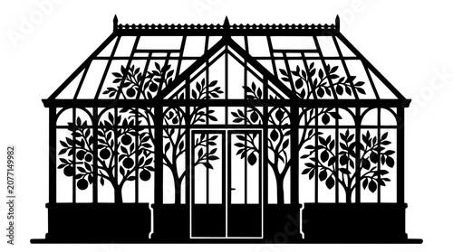 Victorian Greenhouse Silhouette with Citrus Trees and Lemon Trees Illustration