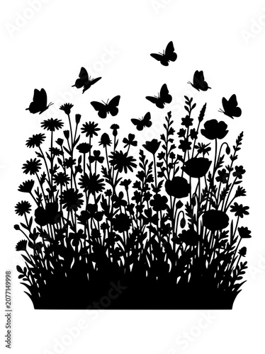 Wildflower Meadow and Flying Butterflies Black Silhouette Illustration