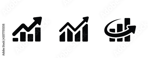 Growing bar chart icon vector featuring upward profit, revenue growth, and financial performance symbols in editable flat and outline styles for business reports.