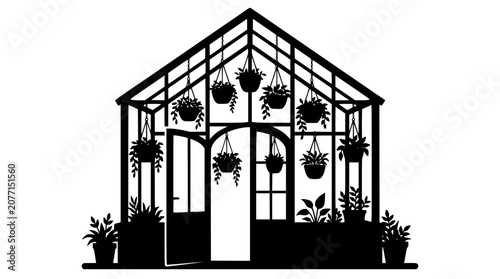 Greenhouse silhouette with hanging plants and garden pots