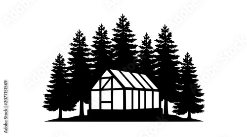 Greenhouse in a Pine Forest Silhouette Minimalist Vector Illustration