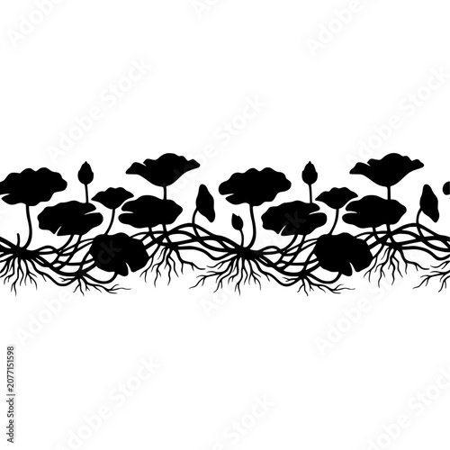 Lotus Plant Silhouette with Roots Seamless Border