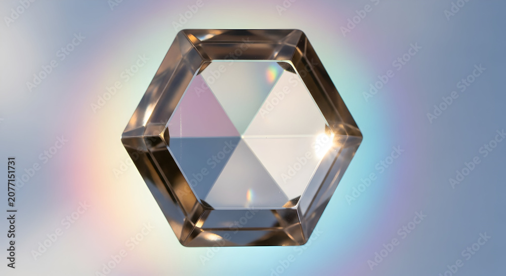 Naklejka premium Stunning smoky quartz crystal hexagon casts radiant light and modern shadow patterns, perfect for elegant designs or spiritual wellness concepts now