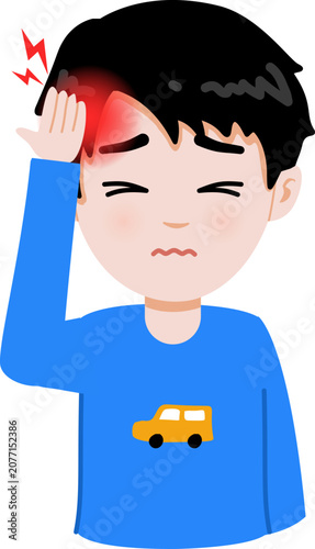 Cartoon Illustration of a Boy Holding Head with Headache Migraine