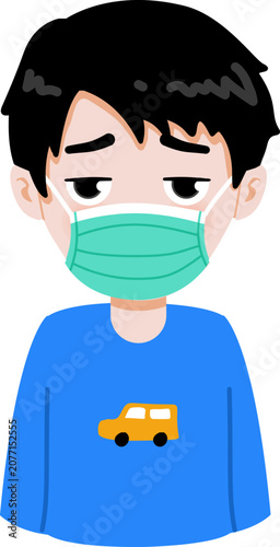 Cartoon Illustration of a Boy Wearing Medical Mask because Sick