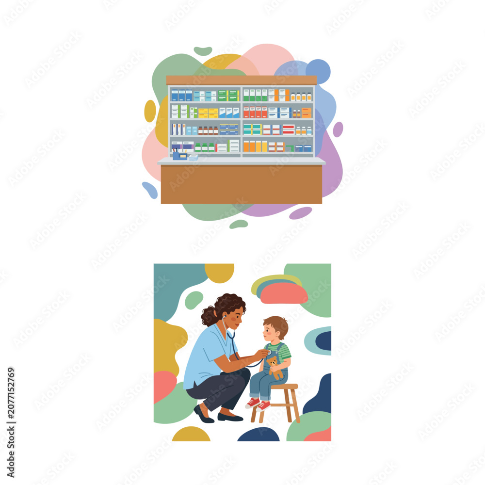 Fototapeta premium Pediatric Consultation and Pharmacy Shelf Illustration Set for Modern Healthcare Services