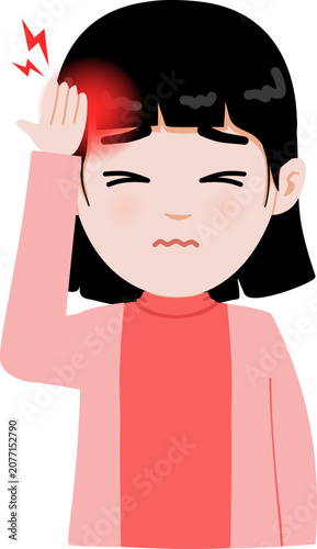 Cartoon Illustration of a Girl Holding Head with Headache Migraine