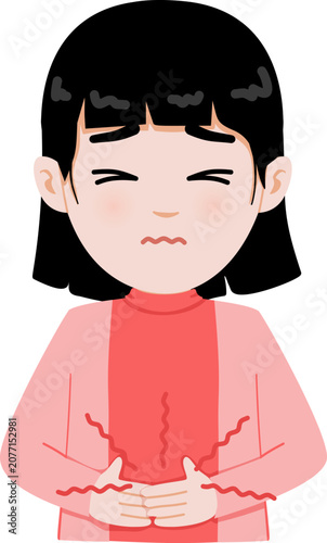 Cartoon Illustration of a Girl who is Having Stomachache