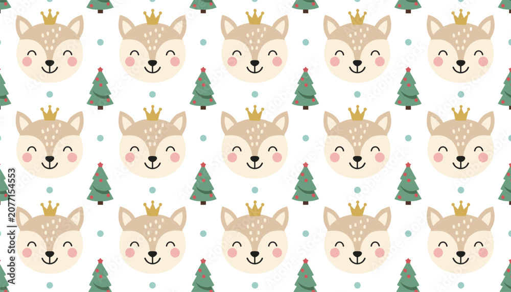 Naklejka premium Whimsical seamless pattern with cute cartoon deer wearing crowns and pine trees on a white dotted background.