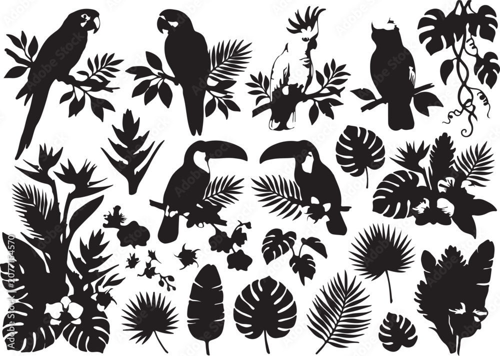 Obraz premium Diverse Silhouette Collection of Tropical Birds and Lush Jungle Foliage Elements, Featuring Exotic Parrots, Toucans, and Botanical Flora