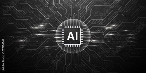 Fotografie Abstract artificial intelligence concept with glowing AI chip on circuit board pattern background
