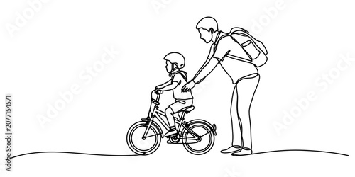 Foto Father teaching his young child how to ride a bicycle in a continuous line art s
