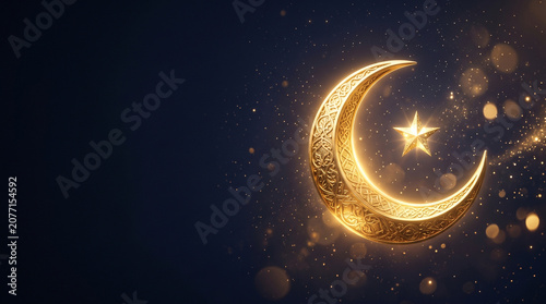 Luxury islamic background with golden crescent moon star bokeh lights and large copy space