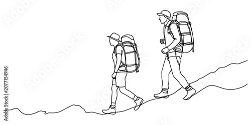 Foto Man and woman hiking with backpacks walking up a steep mountain path line art dr