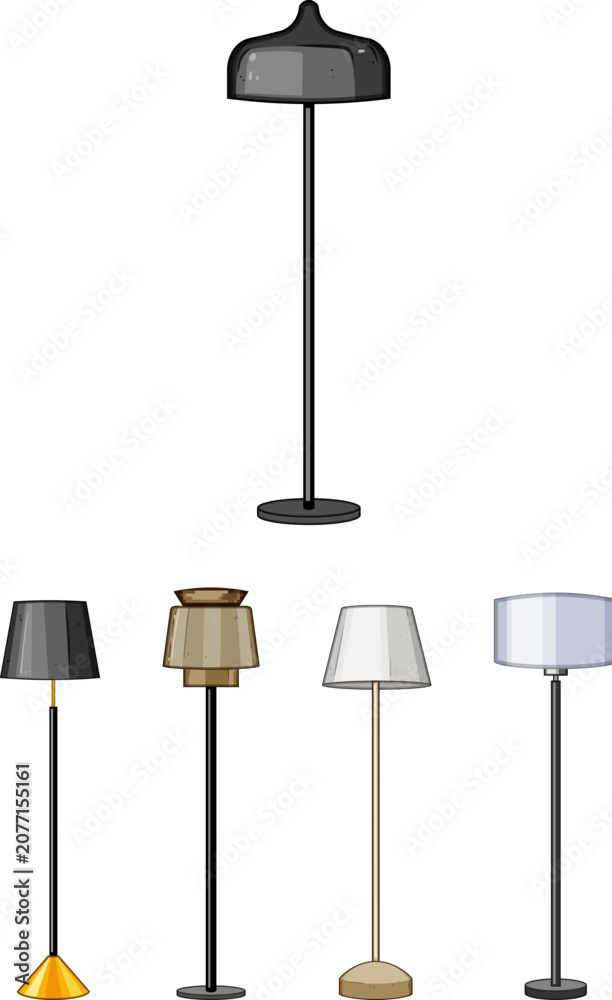 Obraz premium Collection of five diverse standing floor lamps featuring various shapes, colors, and styles, providing elements for modern home interior design and illumination concepts