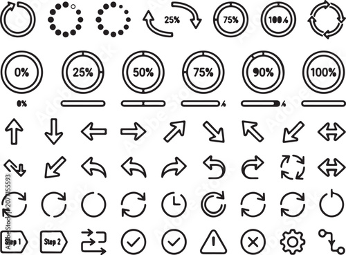Comprehensive vector icon set featuring circular loading progress, status indicators, navigation arrows, and essential UI interface elements for digital design projects