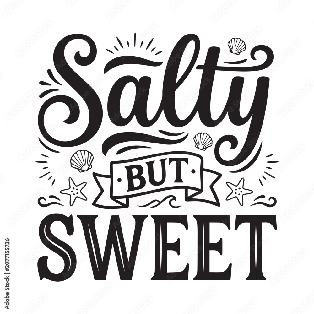 Fototapeta premium Salty but sweet typography with seashells and starfish on white background