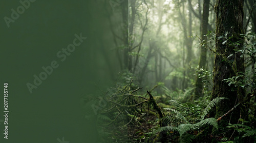 Enchanted deep forest background with lush mossy plants trees and empty dark green copy space